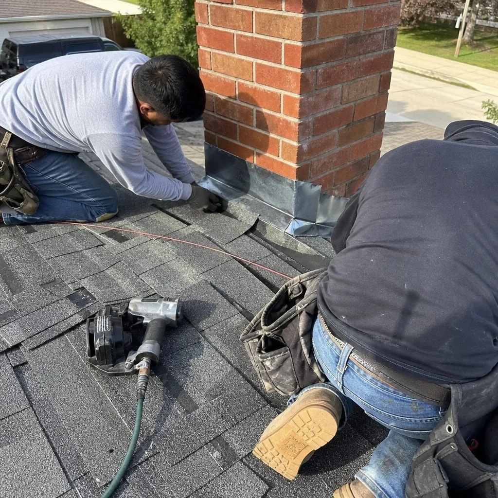 Two professional roofers installing shingles around a brick chimney on a roof