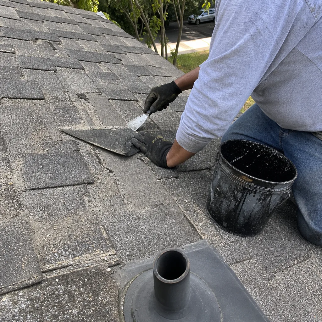 Contractor performing professional shingle roof repair with asphalt sealant nationwide