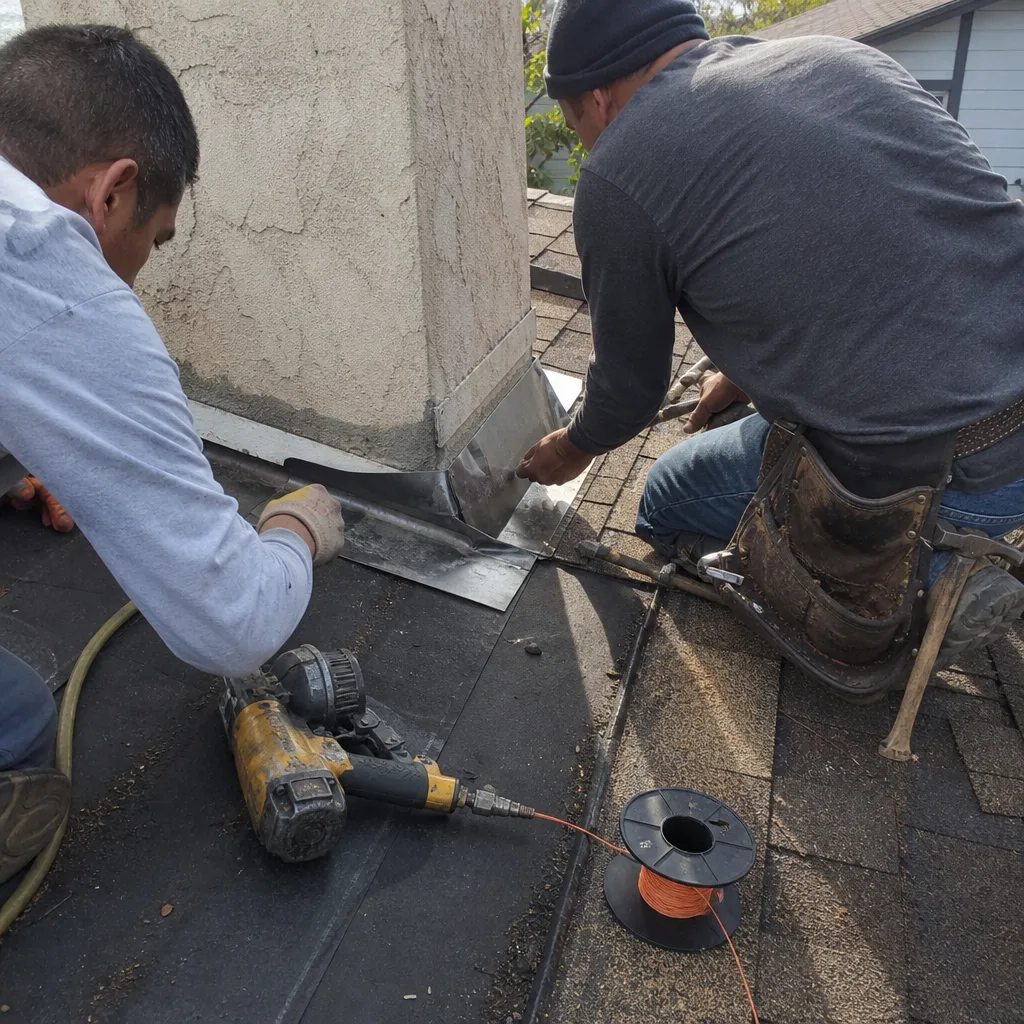 Roofing crew using a conveyor system to load new shingles onto roof nationwide